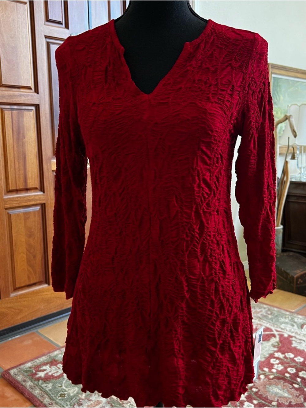 SNO SKINS Crinkle V‑Neck Long Sleeve Tunic Dress - Deep Red